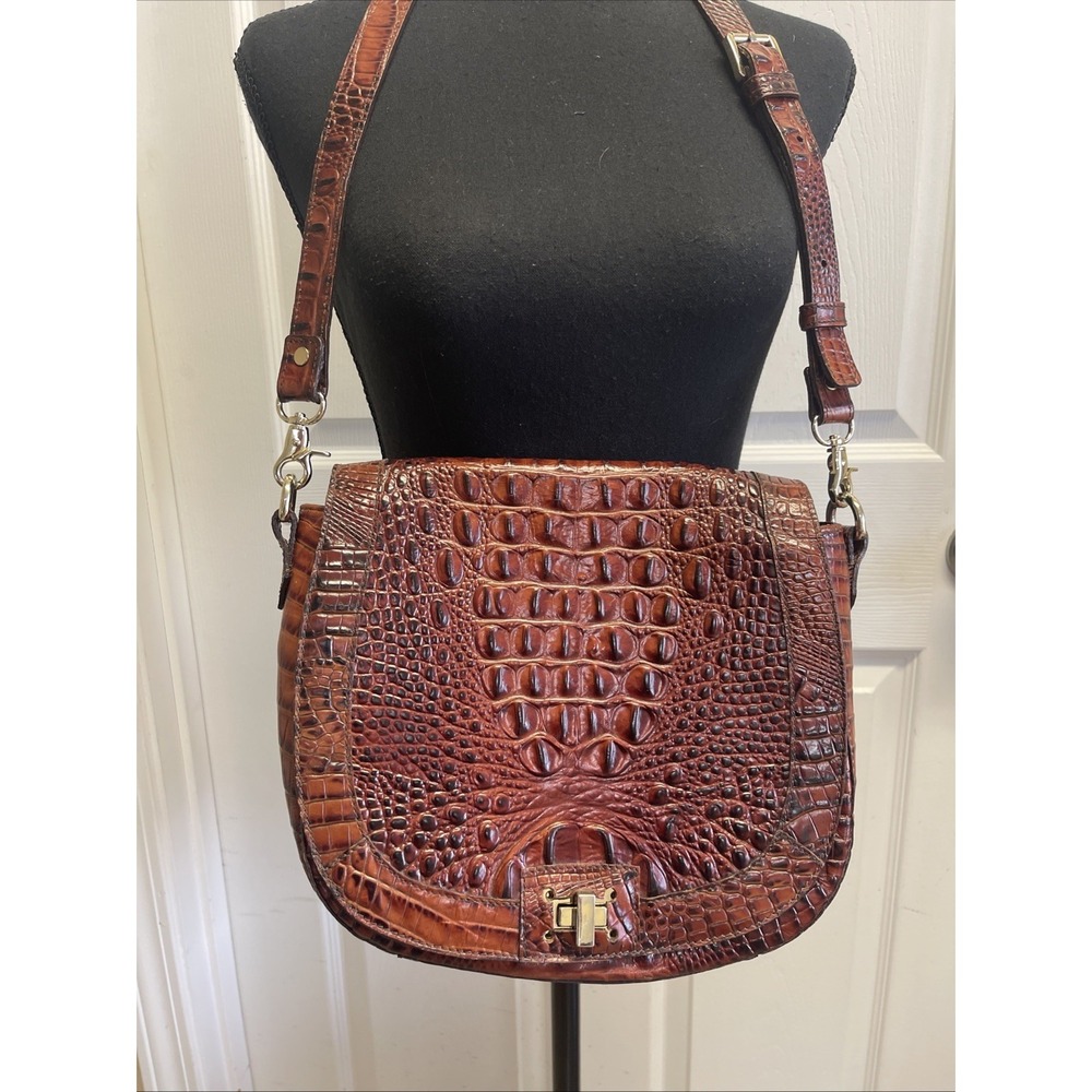 Brahmin Women's Leather Crossbody Shoulder Bag Reptile Crocodile Embossed Brown
